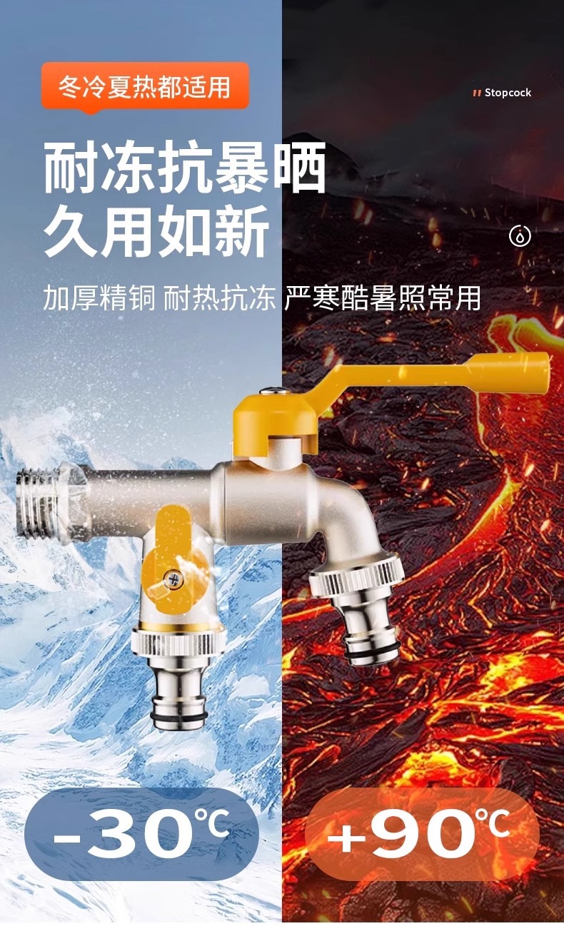 T all-copper outdoor faucet anti-freezing, one in and two out courtyard washing machine, dual out outdoor faucet with lock, dual control key Application Scenario