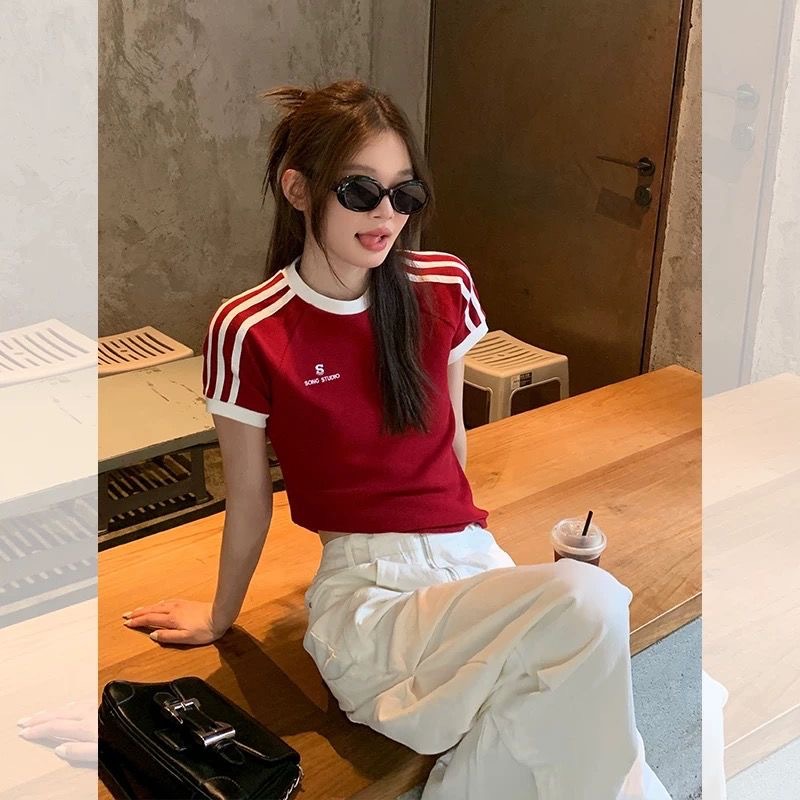 2025夏新款辣妹短袖T恤上衣女拼色百搭修身韩版打底衫跨境女装