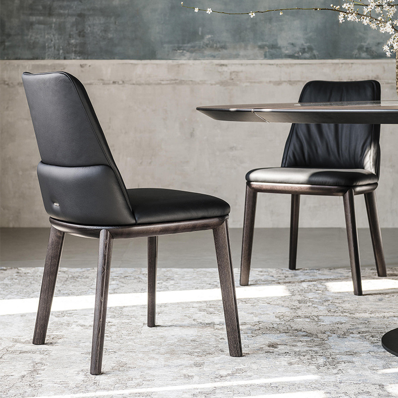 Italian Minimalist Dining Chair, Simple Home Use Wooden Chair, High-End Designer Chair for Coffee Shop, Leather Seat