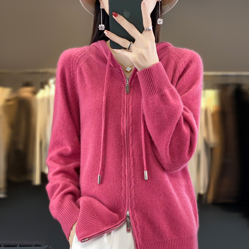 Women's autumn and winter hoodie double zipper hooded sweater outer knitted sweater cardigan premium texture