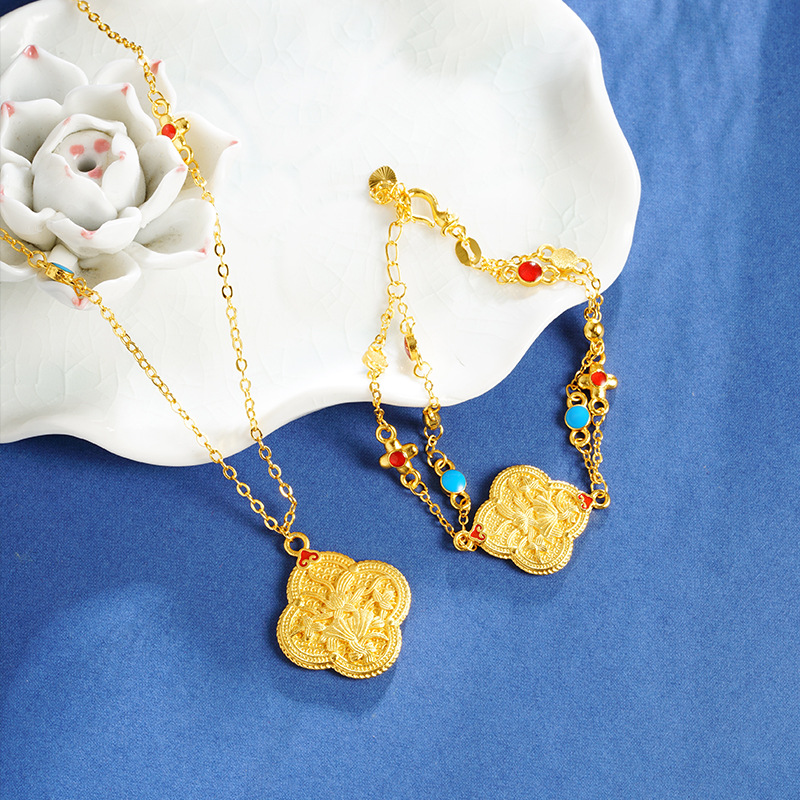 Nueva pulsera de oro de arena china, esmalte, collar de flores de cuatro hojas