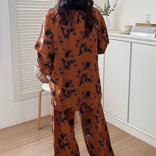 2025 New Cotton Silk Home Clothes Round Neck suit Long Sleeve Trousers plus size Retro Loose Spring and Summer Thin Cotton Pajamas
