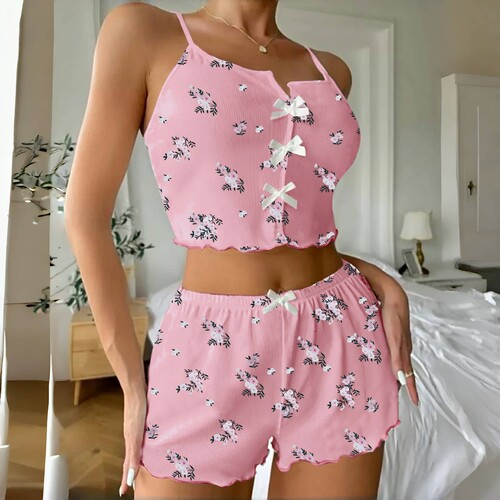 European and American printed floral butterfly bow spaghetti strap shorts pajamas loungewear set of two