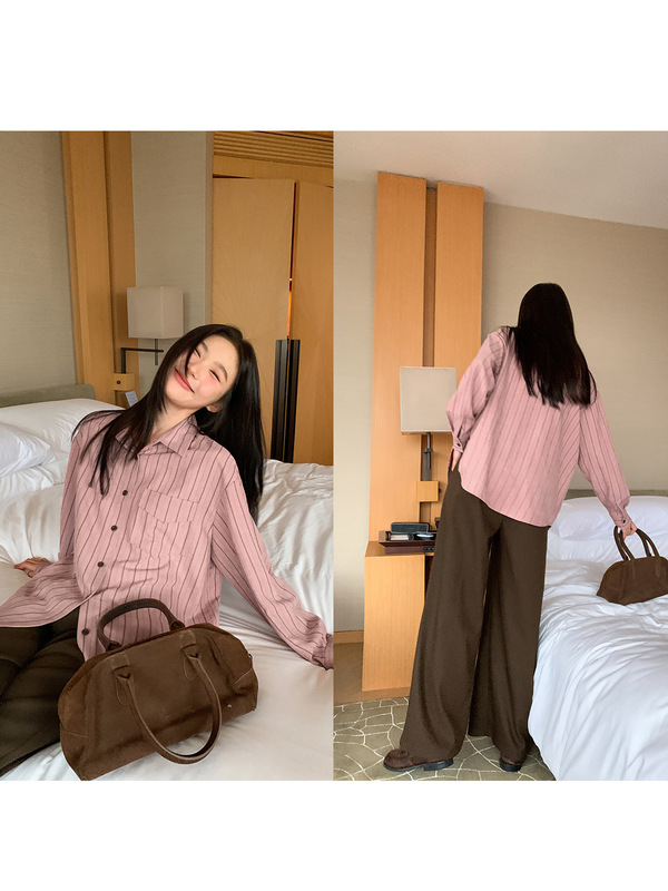 你好卡农 韩系雾面感条纹衬衫女春季新款宽松设计感长袖粉色衬衣|undefined