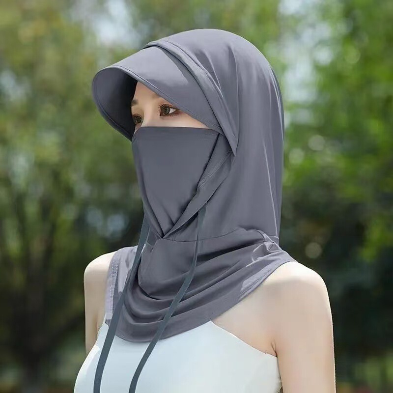 Sun Protection Mask with Integrated Hat, Uv Protection, Ear-Hanging, Full-Face Ice Silk Breathable Sunshade Neck Scarf Veil Upf+