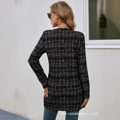 Ladies' Casual Elegant Plaid Crew Neck Cardigan for Spring and Autumn