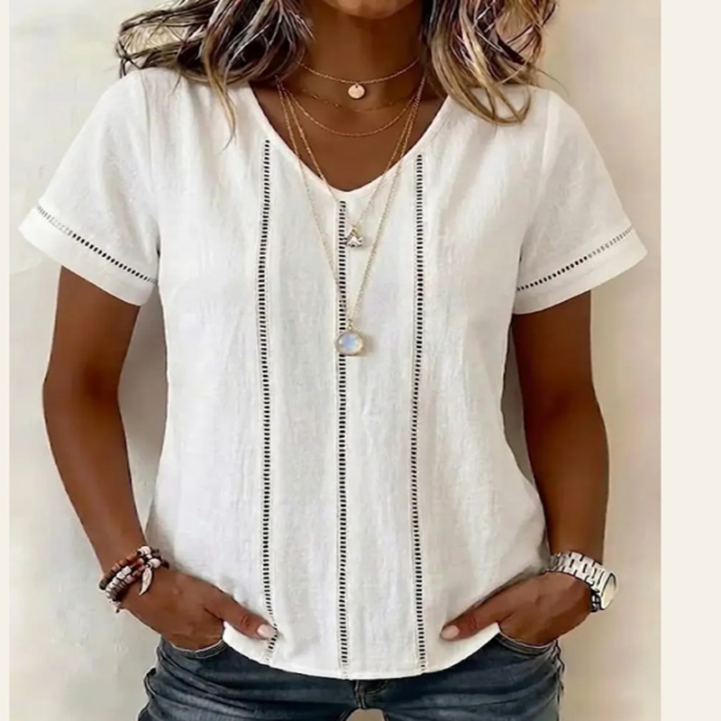 2026 Amazon European and American Cross-Border Foreign Trade New Summer Hot-Selling V-Neck Short-Sleeve Lace Patchwork Women's Shirt Top 2026 Amazon European and American Cross-Border Foreign Trade New Summer Hot-Selling V-Neck Short-Sleeve Lace Patchwork Women's Shirt Top