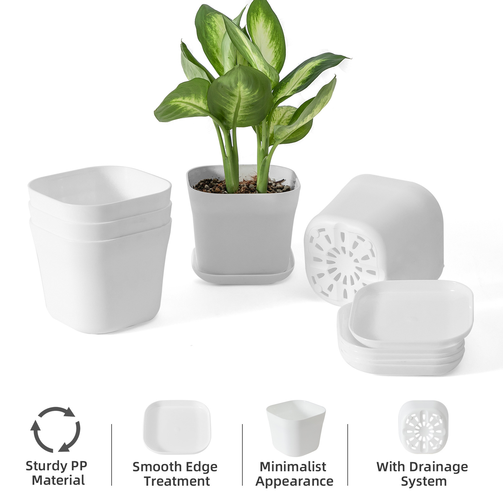 Maceta cuadrada pequeña de plástico, blanca, oficina y escritorio, para suculentas