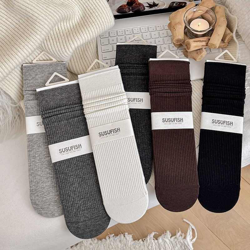 Korean women's socks, Japanese style versatile striped mid-calf socks, new autumn solid color versatile Miu-style slouch socks, seamless