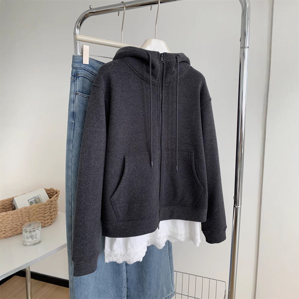 Heavy Weightweight Thickeneded Dark Gray Sweatshirt Jacket, Feminine, Lazy, Warm and Versatile, Early Spring Korean Style Hooded Zipper Cardigan