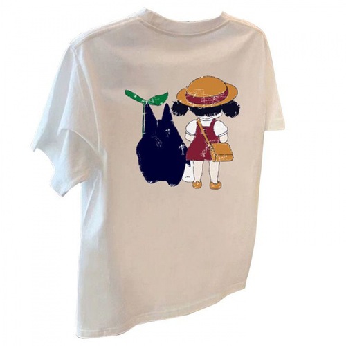 2025 Summer Square Shoulder Fashion Women's Short Sleeve T-Shirt Loose Cartoon Print White Slimming Top Instagram Trend