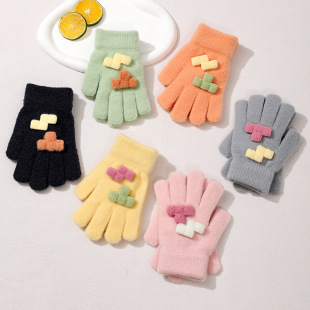 Winter New Knitted Thickened Cold-proof Five-finger Cute 8-12 Boys and Girls Baby Wool Children's Gloves Outdoor Warm