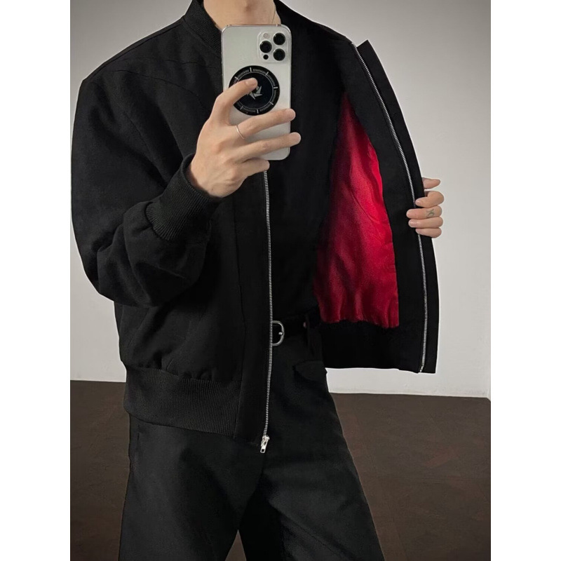 Autumn New Men's Jacket with Heavy-Duty Washed Black and Red Color-Blocking Design, Structured American-Style Trendy Short Baseball Jacket