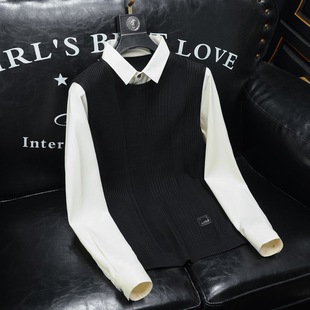 European Station Fake Two-piece Shirt Collar Sweater Men's Autumn and Winter New Arrival Light Luxury Slim-fit Trendy Men's Long-sleeved Sweater