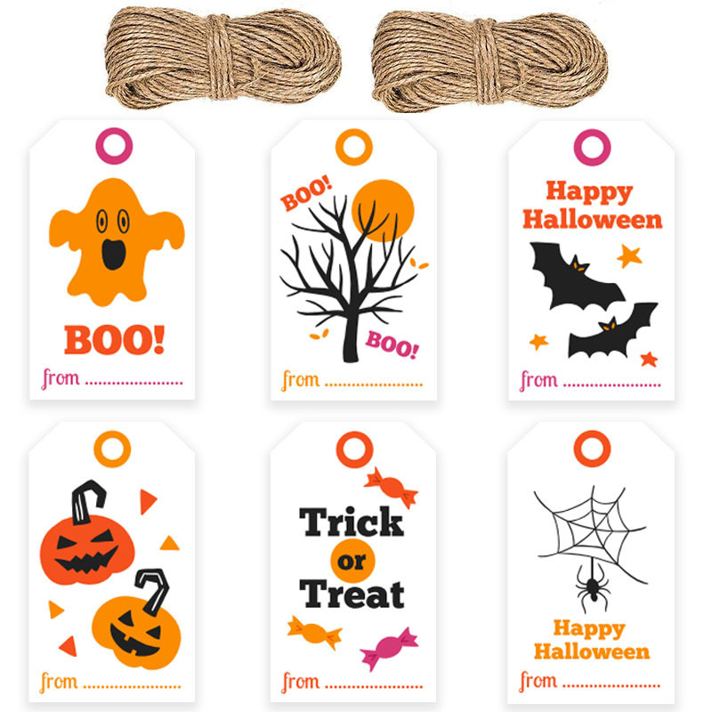 亚马逊白牛皮吊卡HALLOWEEN万圣节纸标签配麻绳100个/包