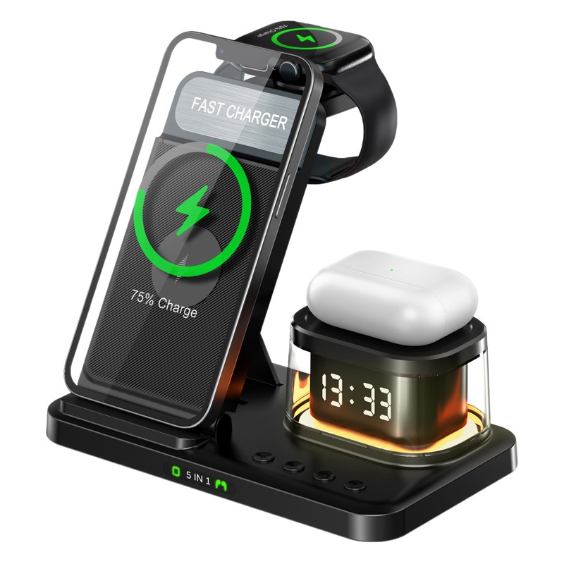 Cargador inalámbrico plegable de la luz de la noche del reloj cinco en uno para la base de carga multifuncional de las auriculares del reloj del teléfono móvil de Apple