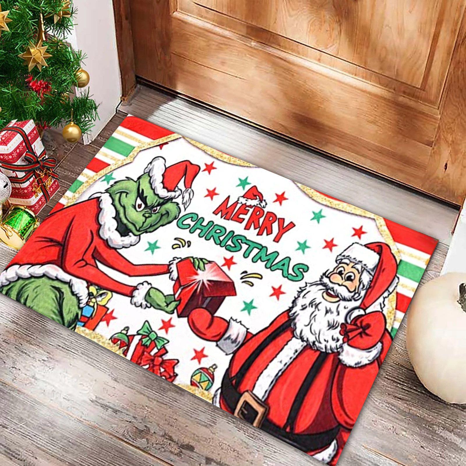 Nueva alfombra de puerta Grinch de Navidad Estera decorativa de Nochebuena Alfombra de piso de la generación del pelo del Amazonas Alfombra de piso