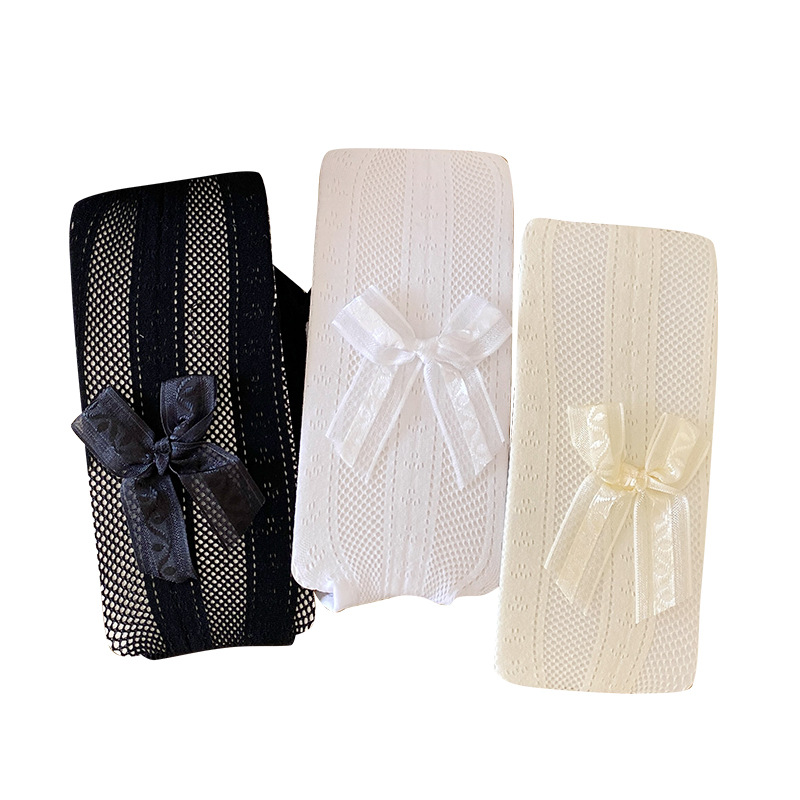 Medias de malla delgadas de verano blanco encaje vertical arco JK Lolita largo dulce encantador red de pesca hueca