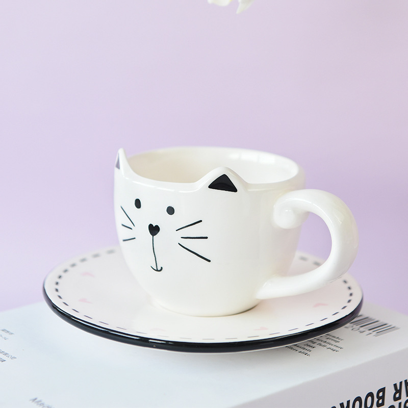 Gato negro taza de café y platillo traje de vajilla de cerámica serie cafetería club conjunto completo de fabricantes de una sola pieza de entrega