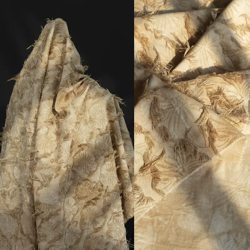 扎染棕色手剪花布料暗花棉麻流苏植物染布水洗做旧肌理国风面料