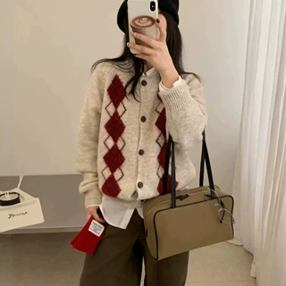 跨境复古撞色菱格毛衣外套女秋冬新款慵懒风宽松圆领针织开衫上衣