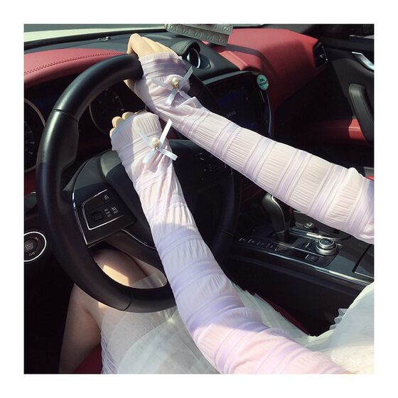 Sunscreen Ice Sleeve Women's Anti-UV Summer Outdoor Cycling Driving Loose Pearl Bow Ice Silk Sleeve Set