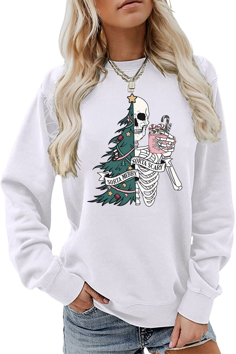 Women's Hoodies Long Sleeve Printing Christmas Christmas Tree Skeleton display picture 8