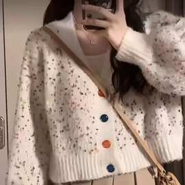 日系彩虹点开衫领毛衣女秋冬设计感软糯温柔短款针织衫潮图片色