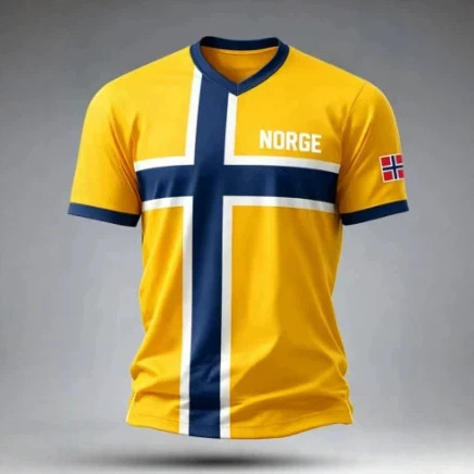 Norwegian flag embroidered T-shirt, navy blue cross pattern, round neck raglan short sleeves, striped cuffs, casual style Norwegian flag embroidered T-shirt, navy blue cross pattern, round neck raglan short sleeves, striped cuffs, casual style