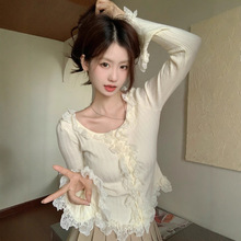 法式气质纯欲风杏色针织开衫女春季2025新款修身短款拼接蕾丝上衣