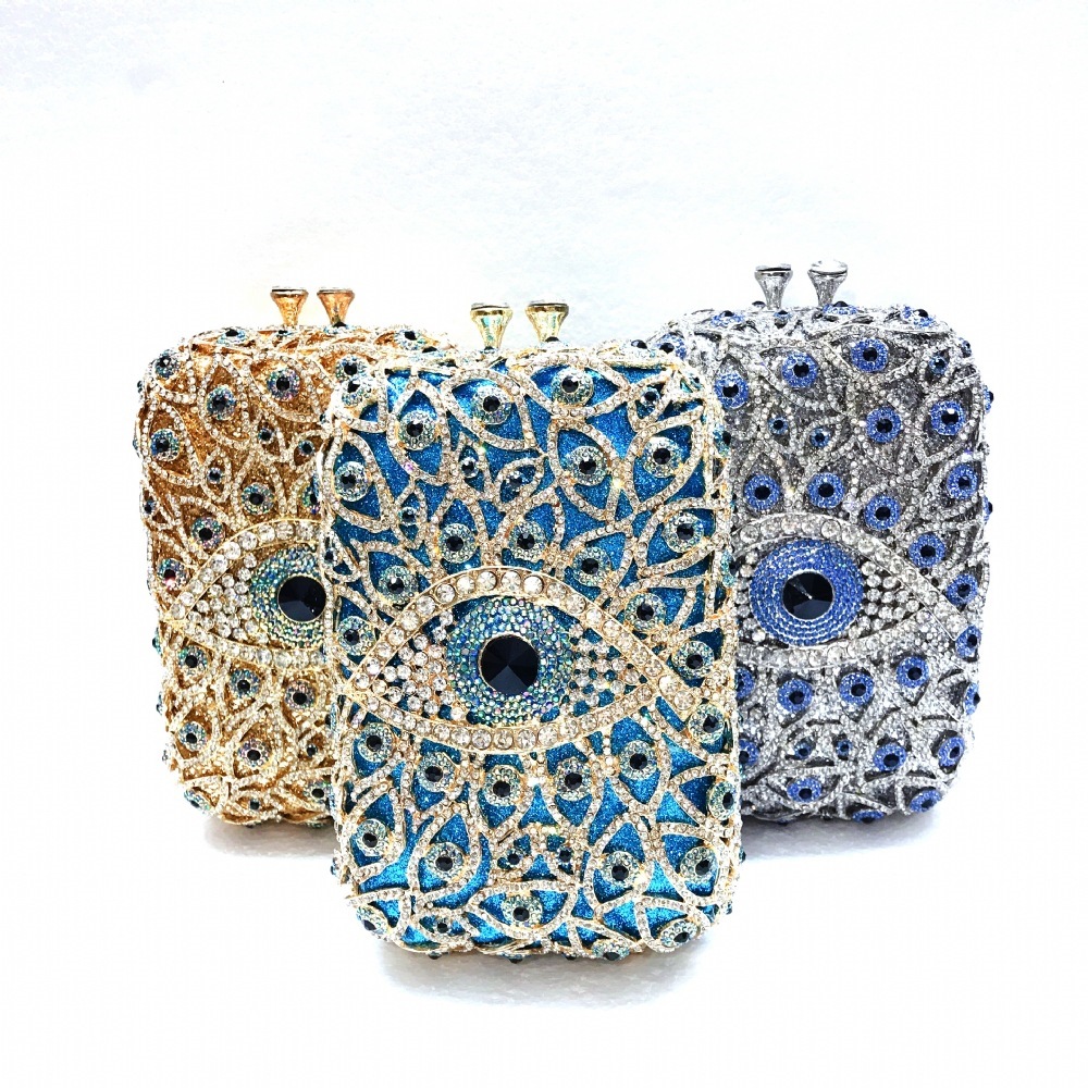 Bolsa de cena de diamantes de ojos Europa y América vestido de banquete de cristal bolsas de metal de diamantes llenas bolsas de mano vertical azul para mujeres
