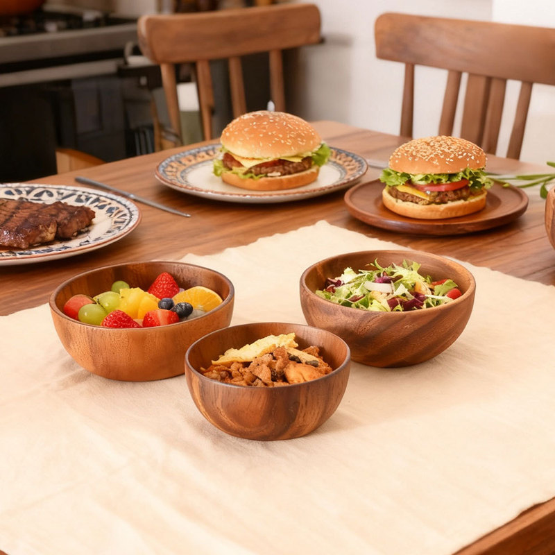 Factory Direct Supply Household Round Wooden Bowl Acacia Wood Salad Bowl Retro Rice Bowl Large Quantity Excellent Price Support Customization