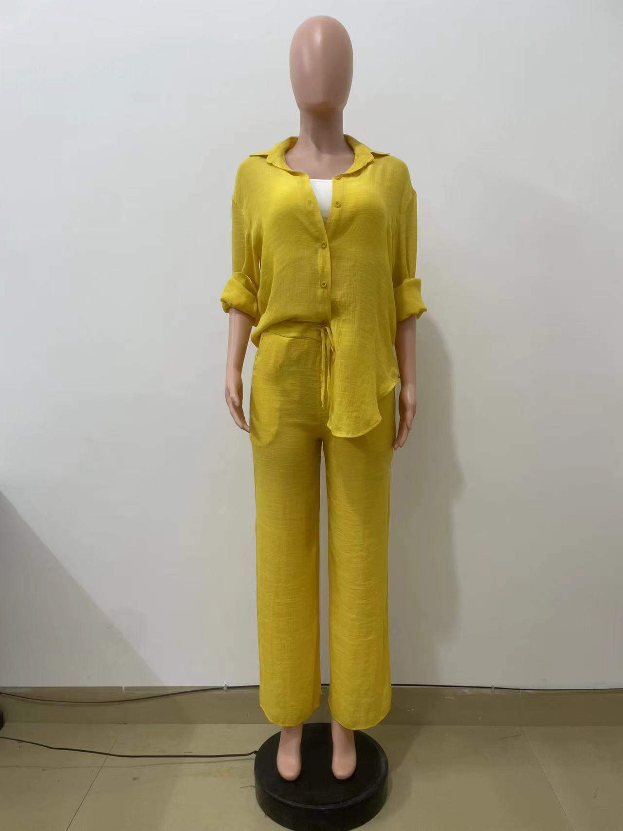 Women Clothing Spring Autumn Casual Long Sleeve Shirt Straight Leg Pants Two Piece Set