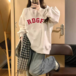[Cross-Border Wholesale] American High Street Letter Print Simple Round Neck Sweatshirt for Women Loose Autumn and Winter Velvet Jacket for Women