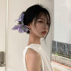 紫の味わいのユリの髪は女性の後頭部を挟みます。