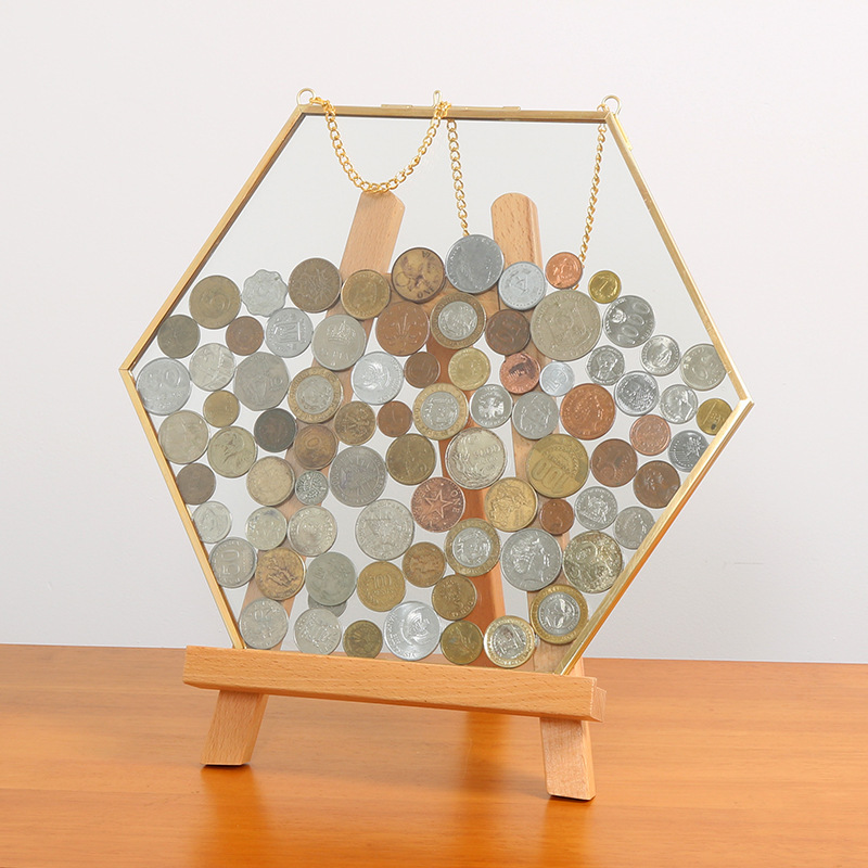 Casual Display Retro Storage Hexagonal Glass Collection Picture Frame Decorative Ornaments Metal Photo Frame Transparent Frame Coin