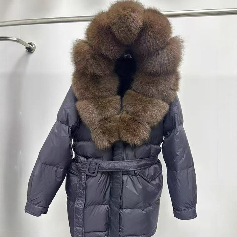 2025 Winter New Fur Fox Fur Collar down Jacket Women's Mid-Length Lace-Up Waist White Duck down Thickened Jacket