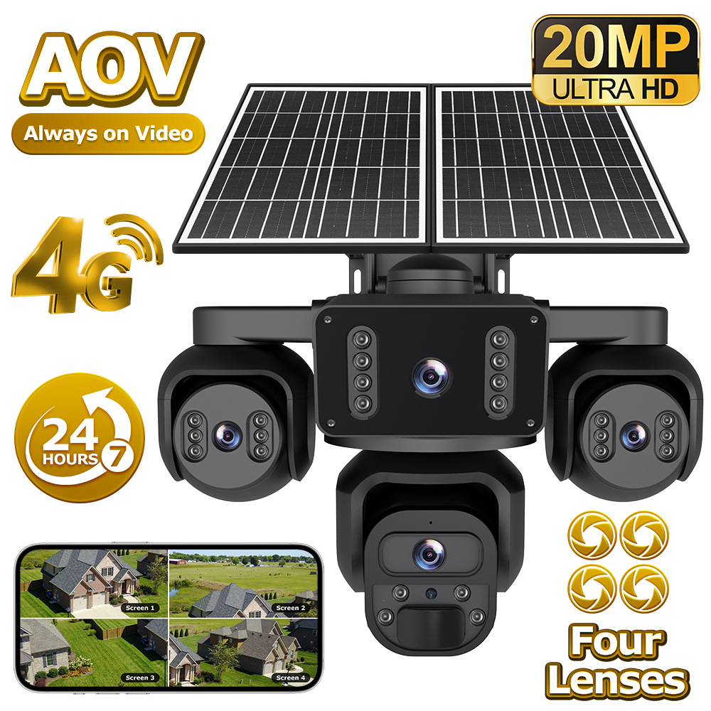 O-Kam 4-Lens Aov Solar Surveillance Camera 24-Hour Video Recording 20Mp High-Definition Night Vision Camera