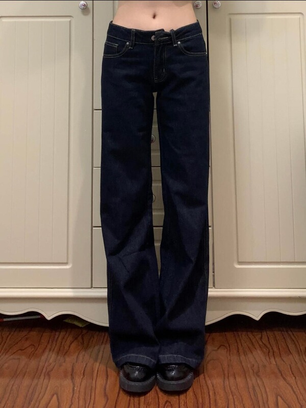 Longer Version of Original Color Flared Jeans for Tall Women, Summer Slim-Fit Low-Waist American-Style Dark Blue Pants Longer Version of Original Color Flared Jeans for Tall Women, Summer Slim-Fit Low-Waist American-Style Dark Blue Pants