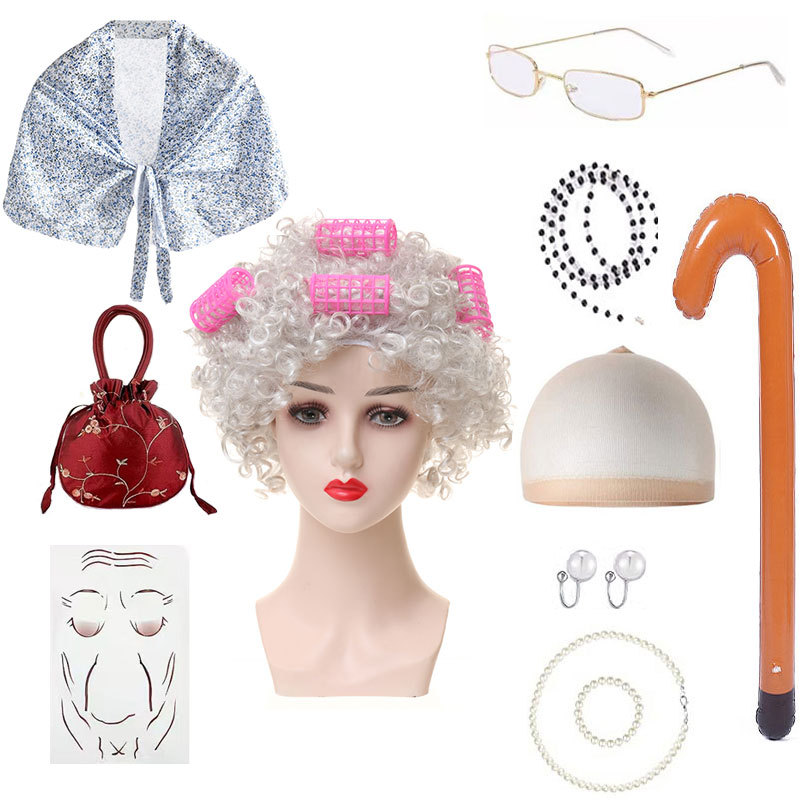 Amazon nueva abuela peluca abuelo pelo vieja dama vieja peluca chal traje accesorios traje