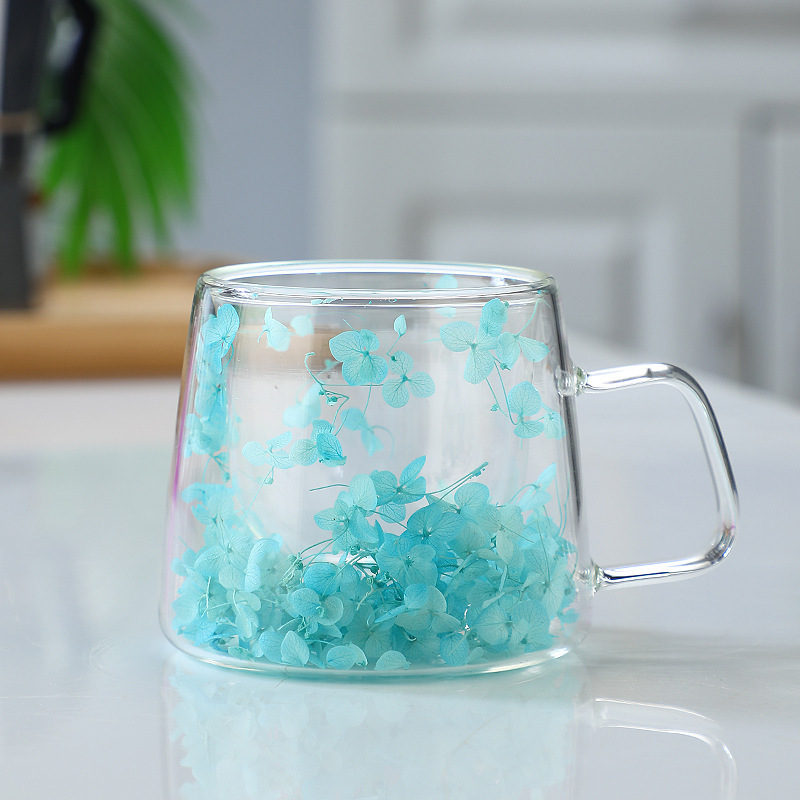 Cross-border Packaging: Trendy Real-flower Glass Cup, High-appearance Coffee Cup Handle, Double-layer Mug With Dried_voghion.com
