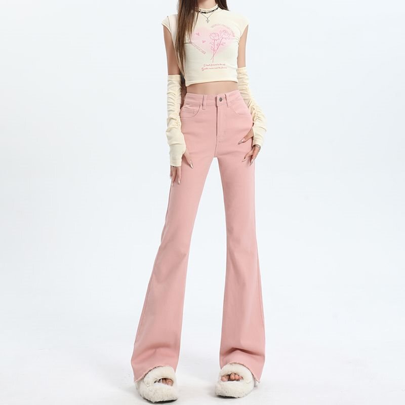Women's jeans 2025 new summer thin high-waisted stretch slim-fit pink frayed hem narrow micro-flare pants