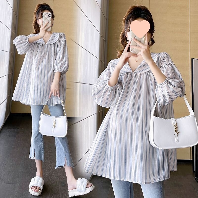 Maternity Shirt Spring Fashion Slim Fit Versatile Casual Doll Collar Cute Three-Quarter Sleeve Mid-Length Striped Top Summer