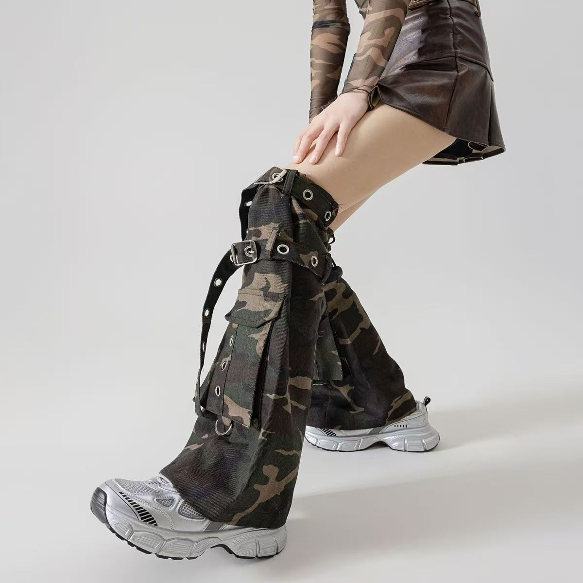 Punk Camouflage Style Cool Cross-Patterned Spicy Girl Black Denim Slim-Fit Lace-Up Subculture Socks with Flared Edges