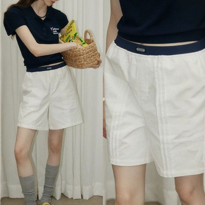 Relz Contrasting Color Elastic Waist Loose Shorts Women's Summer New Design Splicing Versatile Simple Wide-Leg Pants