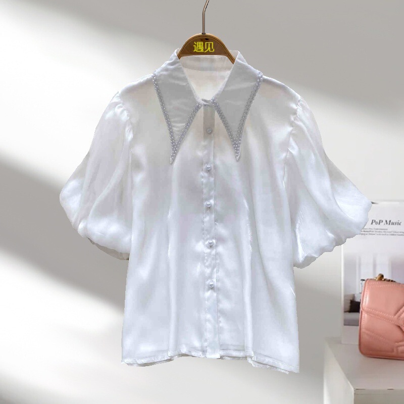 French-Style Niche Socialite Beaded Doll Collar Lantern Sleeve Shirt for Women, High-End Fashion Satin Cardigan Top
