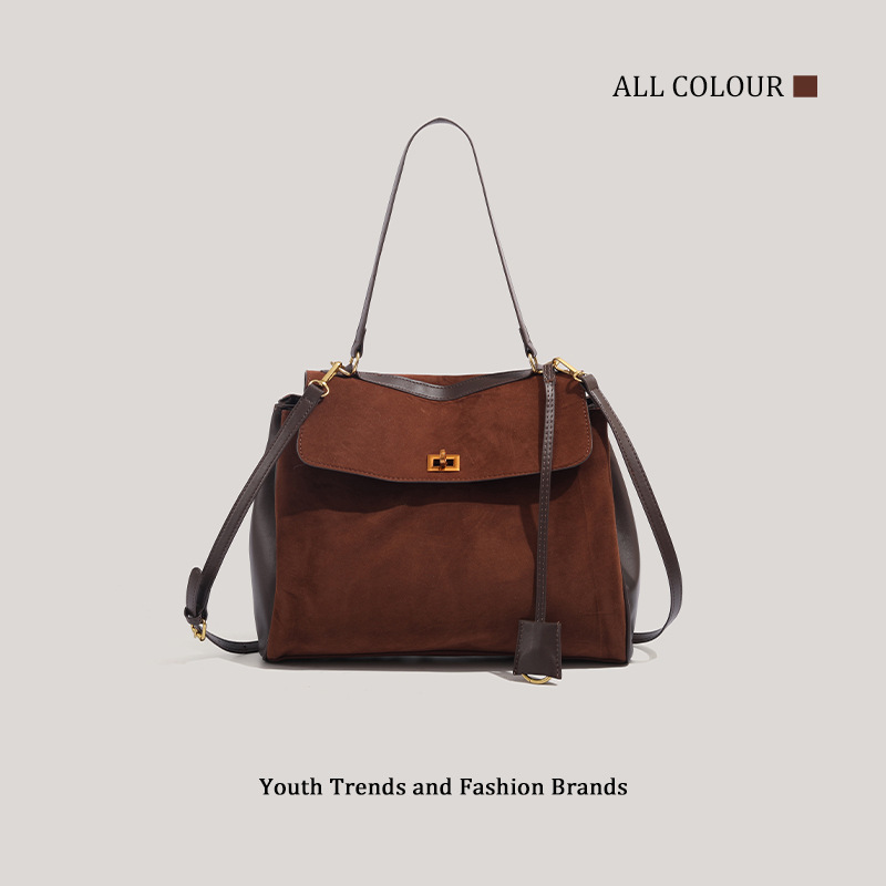 Cross-border 2024 new large-capacity tote bag for women's matte cowhide retro brown handbag one-shoulder Kelly bag
