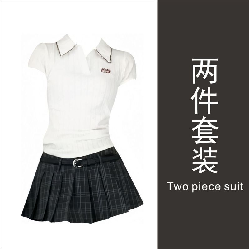 学院风辣妹修身显瘦polo领短袖T恤女夏季新款格纹a字百褶短裙套装|undefined