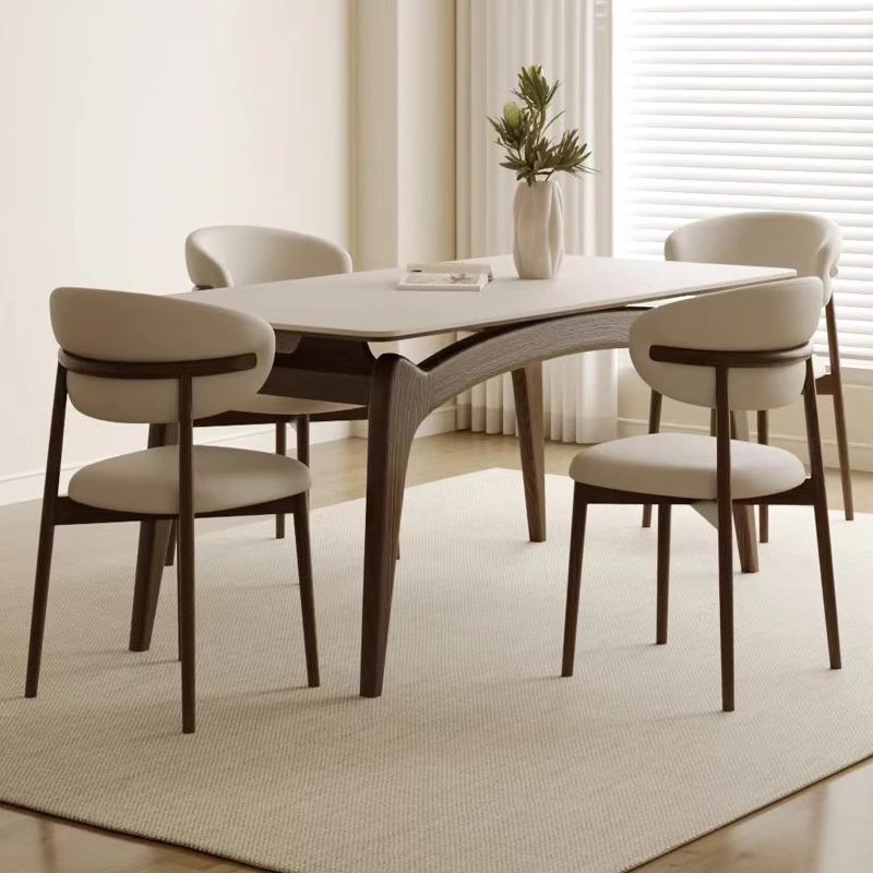 Mesa y silla de comedor de roca de Delifeng combinación rectangular moderna y simple casa pequeña crema viento mesa de comedor de madera de cera blanca