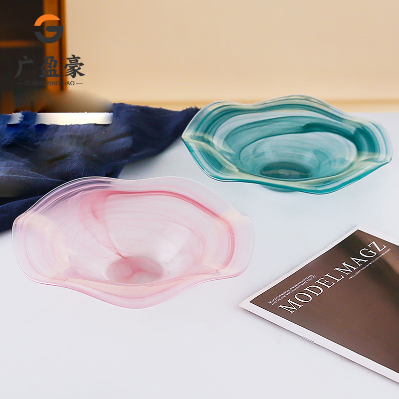Retro Cloud-Patterned Lace Bowl and Plate Set for Home Use, Living Room Coffee Table Decoration, Creative Glass Salad Bowl, Fruit Storage Tray